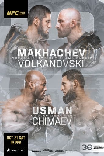 UFC 294: Makhachev vs. Volkanovski 2 was a mixed martial arts event produced by the Ultimate Fighting Championship that took place on October 21, 2023, at the Etihad Arena in Abu Dhabi, United Arab Emirates. A UFC Lightweight Championship rematch between current champion Islam Makhachev and former champion Charles Oliveira was expected to headline the event. However, Oliveira withdrew due to injury and was replaced by UFC Featherweight Champion Alexander Volkanovski on 11 days notice.